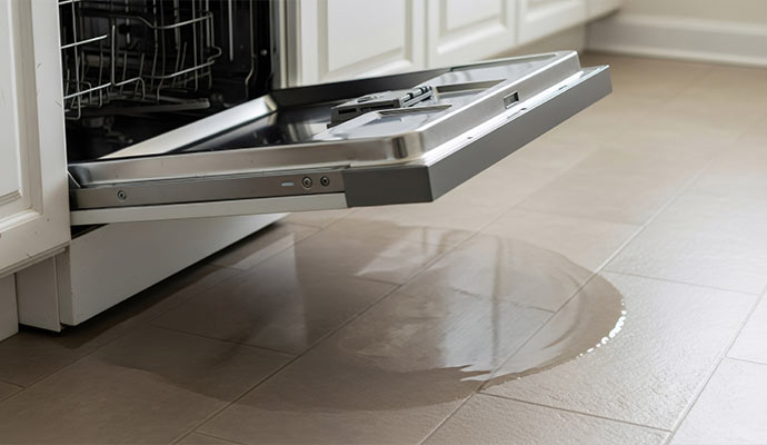 A dishwasher leaking water on the kitchen floor