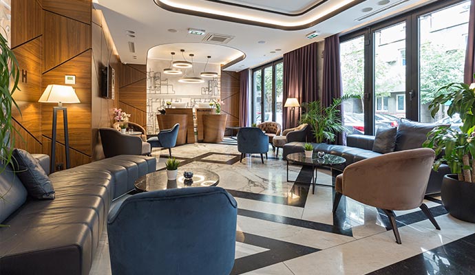 A modern luxury hotel lobby