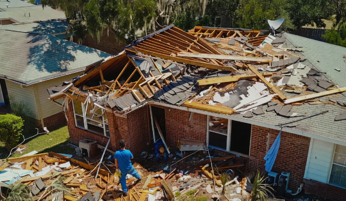 An aerial view of a hurricane damaged residential property