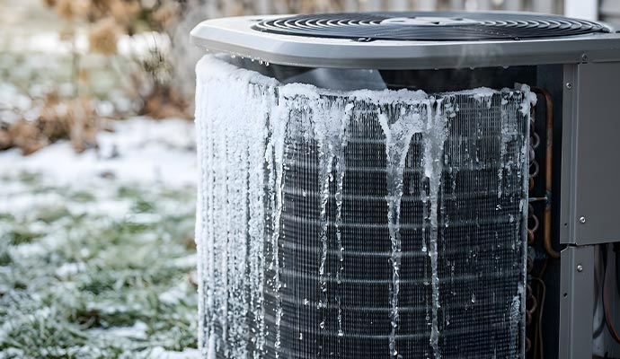 An outdoor air conditioner condenser unit covered with a thick layer of white ice