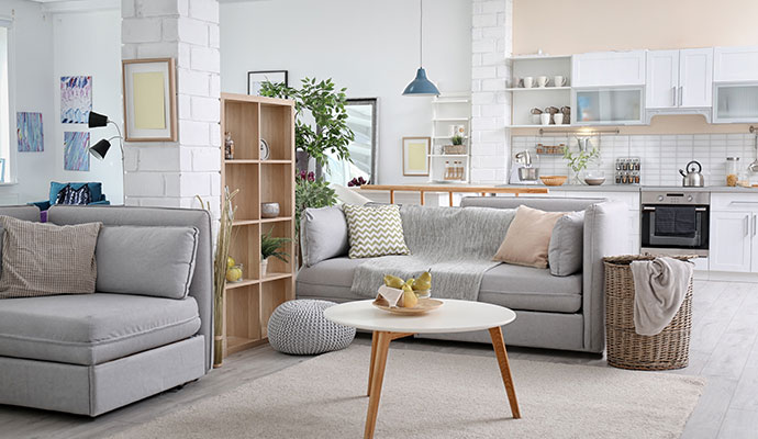 A beautiful living room with kitchen