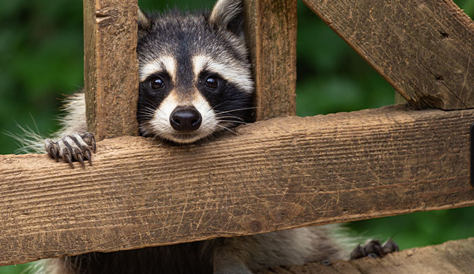 A raccoon peeking through a gap in a wooden fence