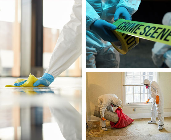 Collage of blood, crime scene and trauma cleanup service