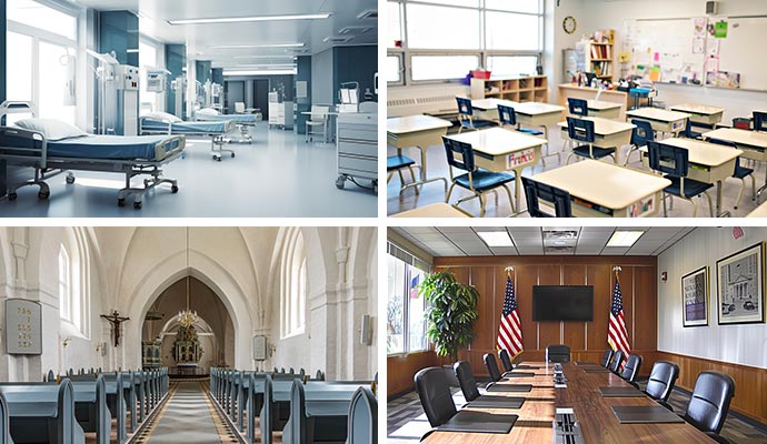 Collage of hospital ward, classroom, church and government office