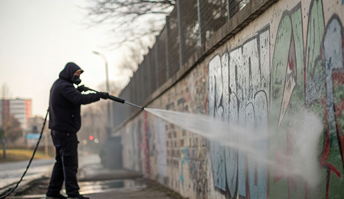 A professional cleaning graffiti from wall using pressure washer