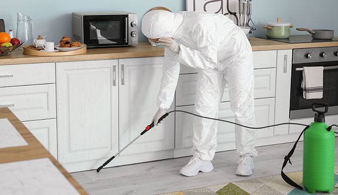 A professional with hazmat suits sanitizing kitchen floor