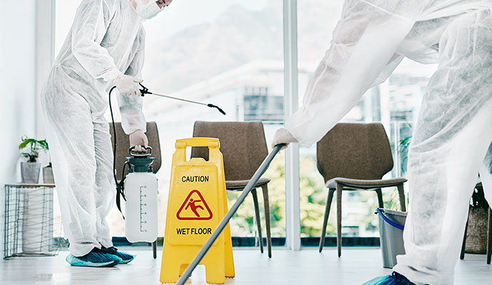 Professional team cleaning and  disinfecting a room