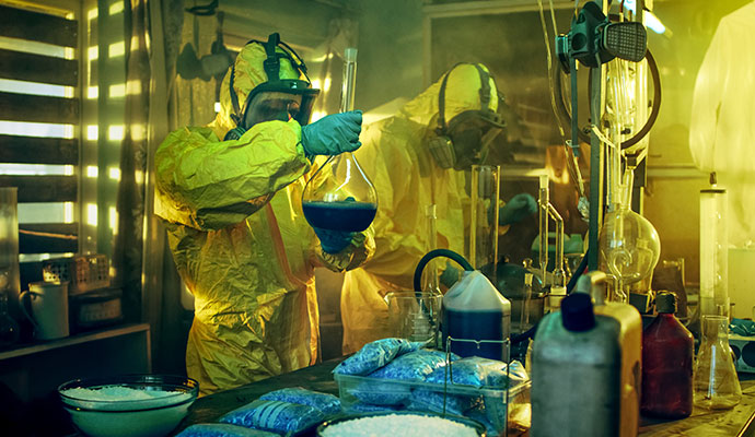 Two professional in full hazmat suits handling chemical glassware and liquids