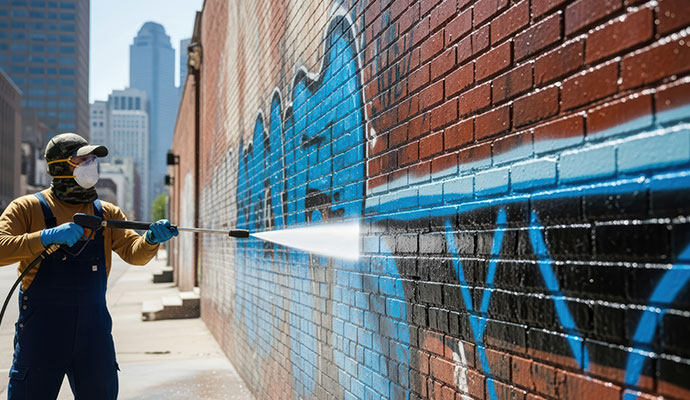 Professional removing vandalism using pressure washer