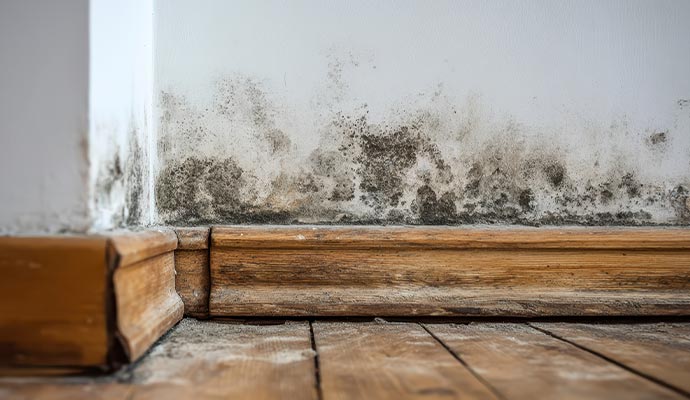 Black mold growth on a baseboard wall