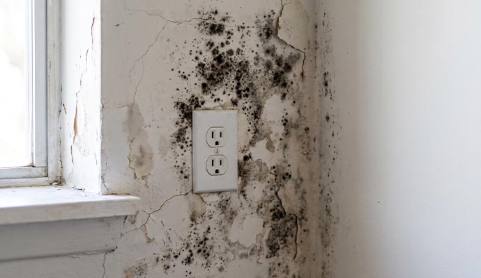 Black mold spreading around a wall's electrical socket