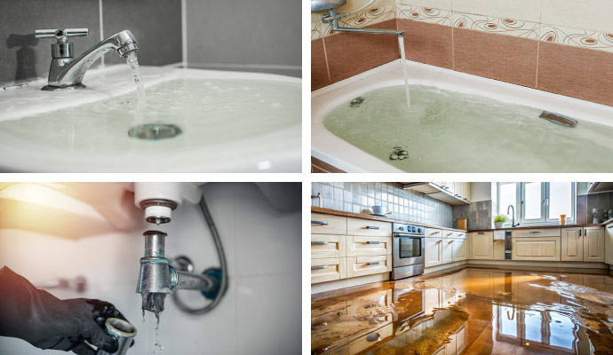 Collage of bathroom sink and shower tub overflows, clogged drains and water damaged kitchen floor due to kitchen sink overflow