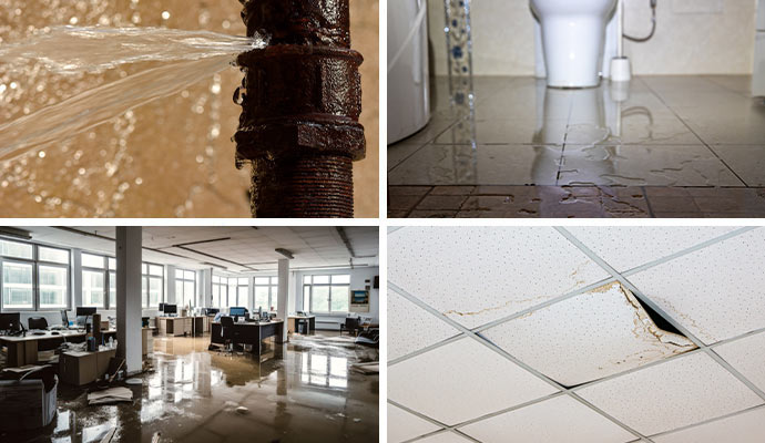 Collage of broken water pipe, wet bathroom floor, water damaged office floor and water damaged ceiling