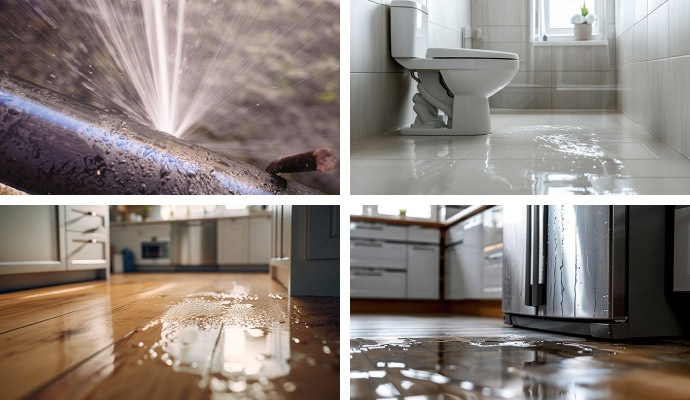 Collage of burst pipes, sewage cleanup, flood damage, and appliance leaks