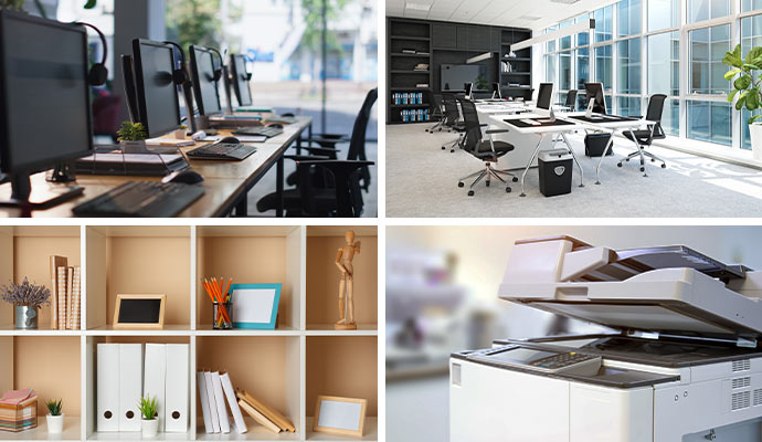Collage of computer workstations, a modern open-plan workspace, organized shelving units, and a office copier