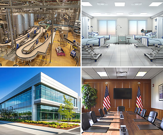 Collage of manufacturing plant, hospital room, industrial park and government office room
