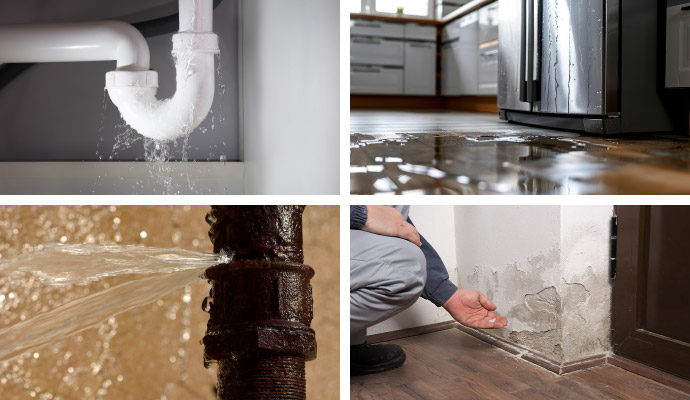 Collage of plumbing and appliance leaks, broken pipe and structural damage