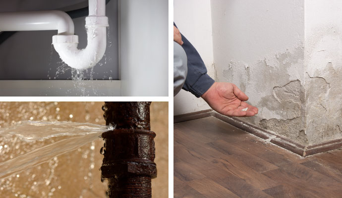 Collage of plumbing leaks, broken pipe, structural damage