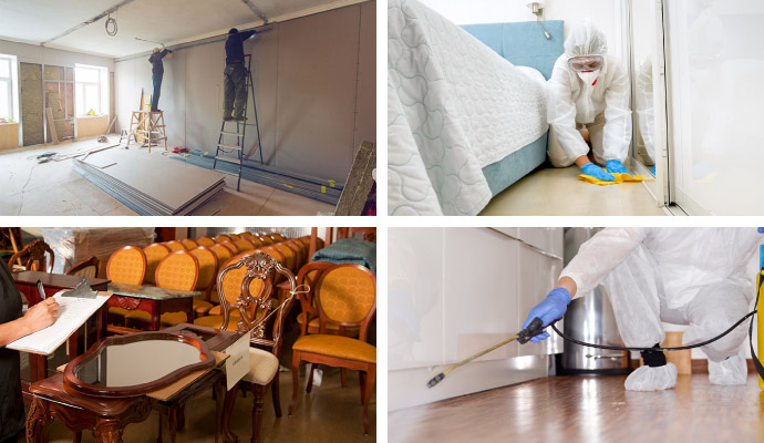 Collage of reconstruction service, biohazard cleanup, contents restoration, and disinfection services