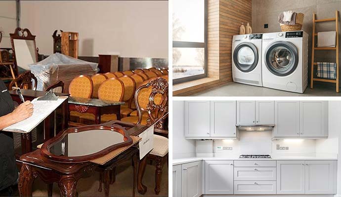 Collage of restored furniture, appliance and cabinetry