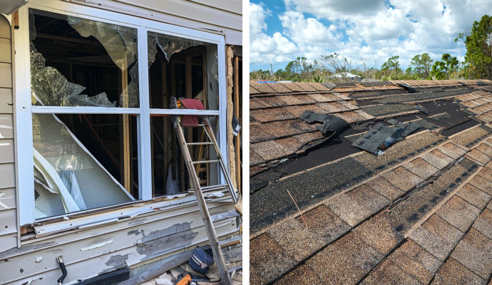 Collage of storm damaged window and roof