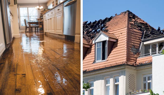 Collage of water damaged floor and fire damaged house