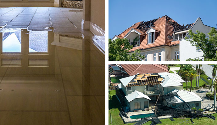 Collage of water, fire and storm damaged property