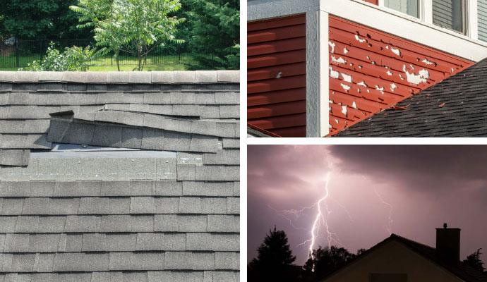 Collage of wind damage, hail damage, and lightning strike damage