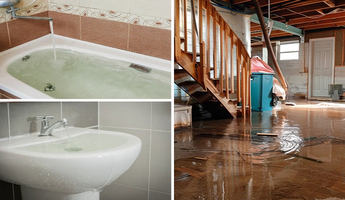 Collage of overflowing tub, bathroom sink and flooded basement