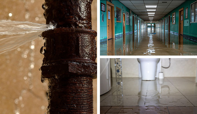 Collage of broken water pipe, flood damaged school corridor and wet bathroom floor