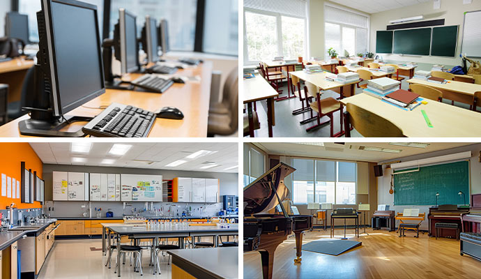 Collage of computer lab, classroom, chemistry lab and music room of a school