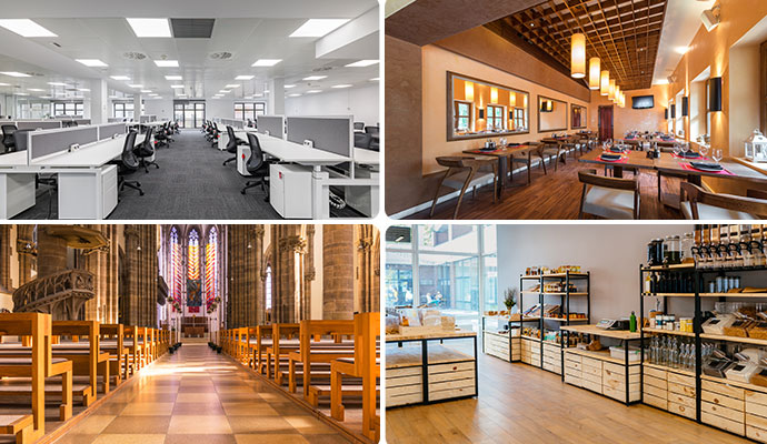 Collage of empty office restaurant, church and retail store