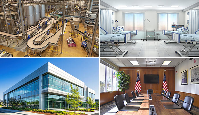 Collage of manufacturing plant, hospital room, industrial park and government office room