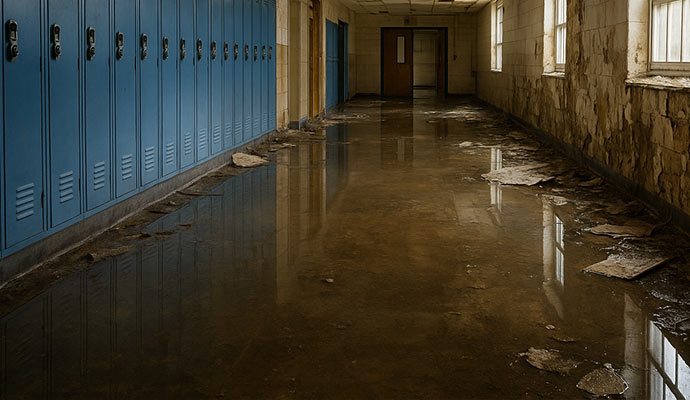 Disaster and water damaged school corridor