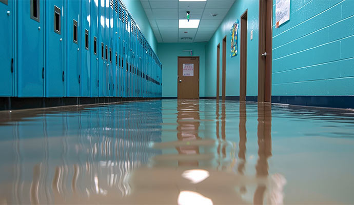 Water damaged floor in school corridor