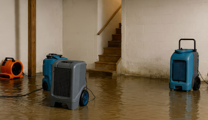 Dehumidifiers and air movers in flooded basement
