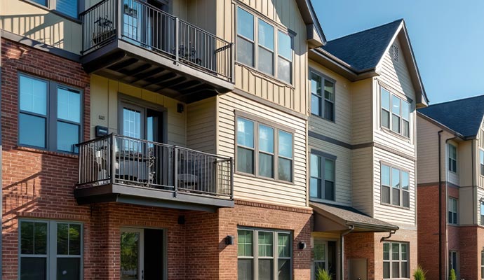 Exterior view of a modern multi-story apartment building