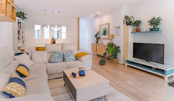 Bright living room with sectional sofa and coffee table