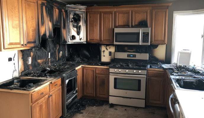 Charred kitchen with soot covered cabinets and stove