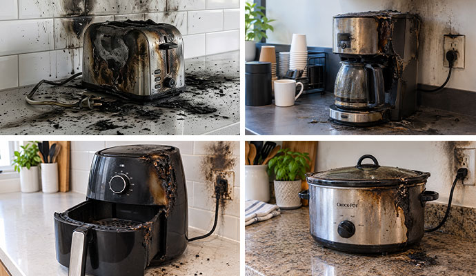 Collage of burned toaster, coffee maker, air fryer and slow cooker