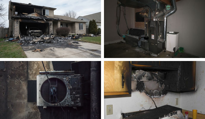 Collage of fire damaged garage, heating equipment, AC unit and kitchen