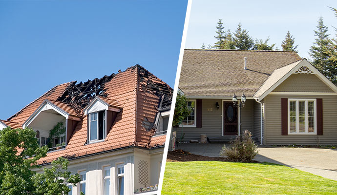 Collage of fire damaged property and beautiful residential house