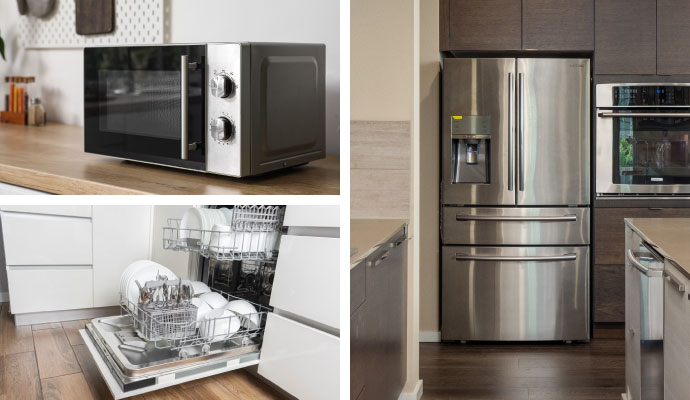 Collage of microwave, dishwasher and refrigerator