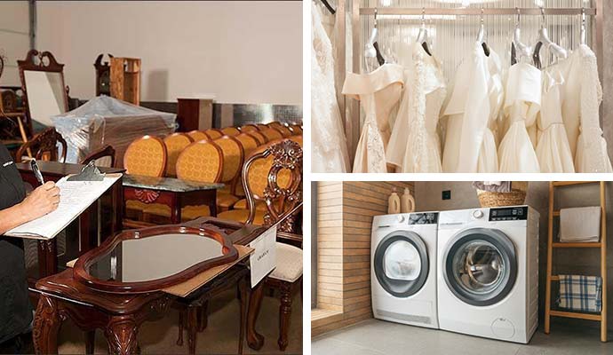 Collage of restored furniture, clothing and washing machine