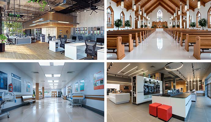 Collage of commercial properties including an office, church sanctuary, hospital hallway, and retail showroom
