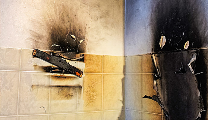 Melted wall fixture with soot stains on tiled wall