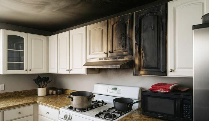 Smoke damage in a kitchen.
