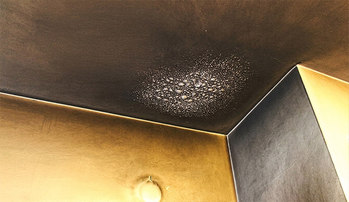 Soot covered ceiling corner with heat blisters