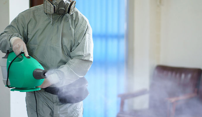 Technician using a fogging machine for deodorization.