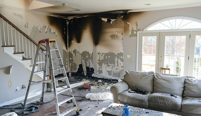 Fire damaged living room